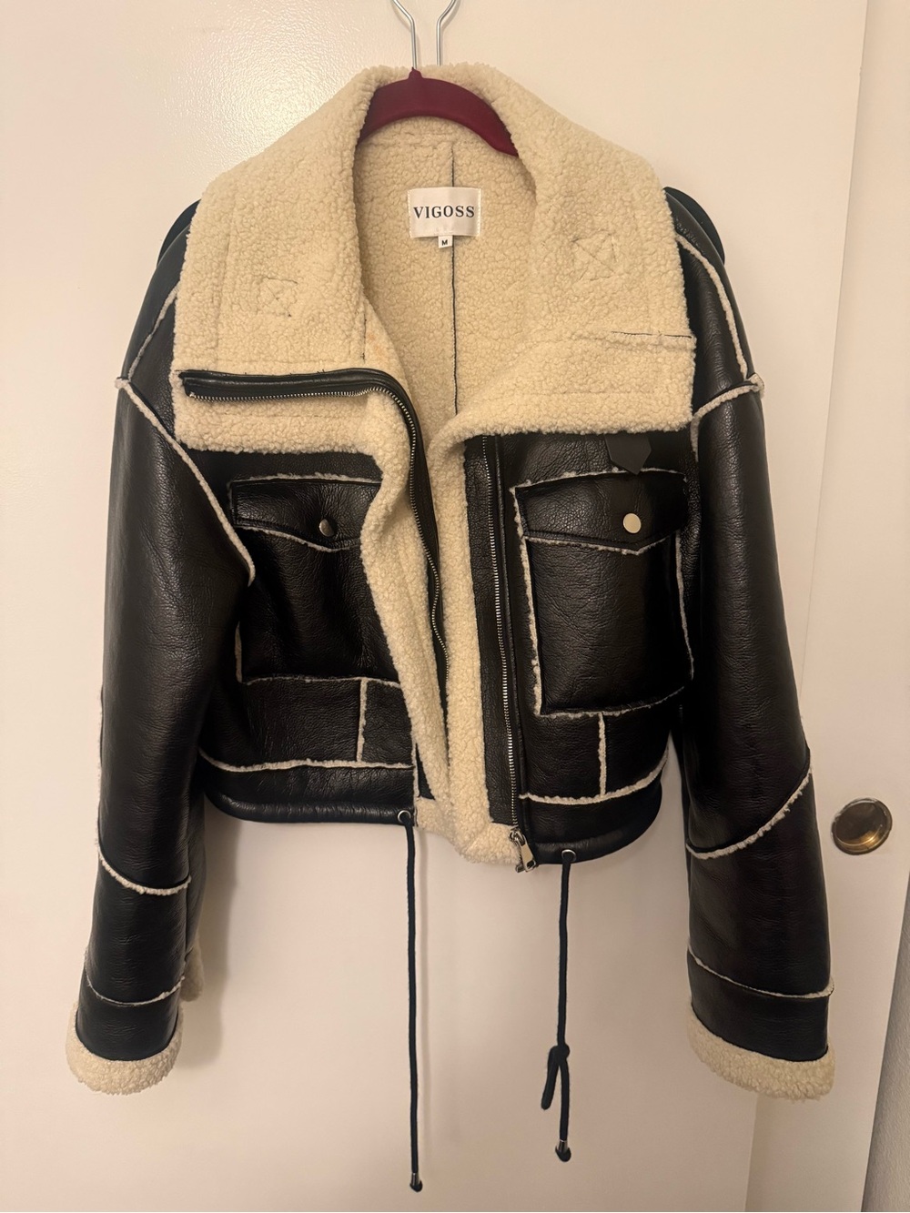 Boss Black Faux Leather Aviator Jacket with Cream Shearling